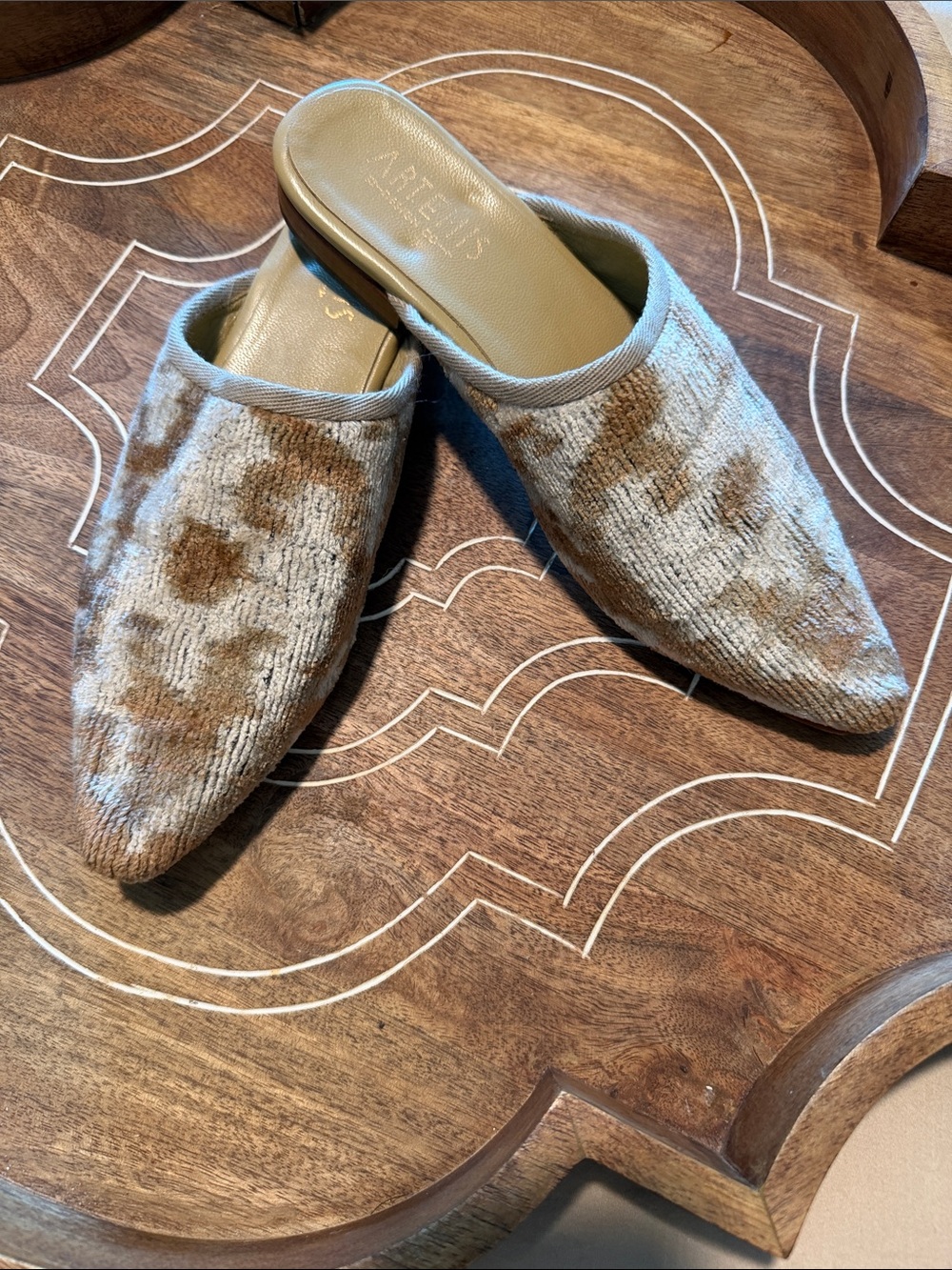 Artemis Pointed Slip-On Mule in Beige and Camel